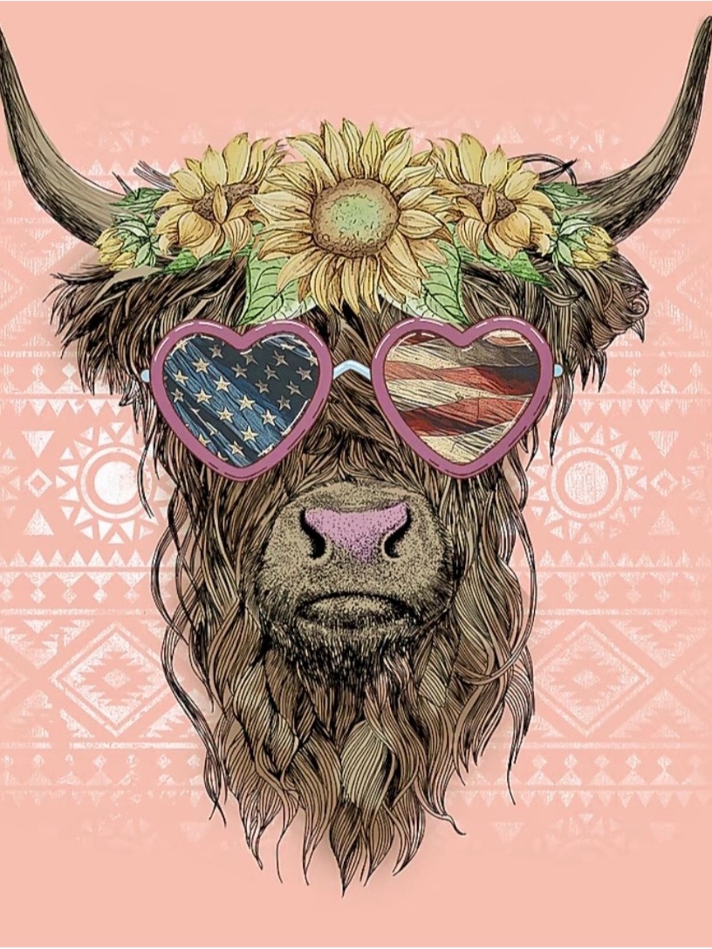 New Pink Highland Cow with Sunflower Crown and patriotic sunglasses tee size L